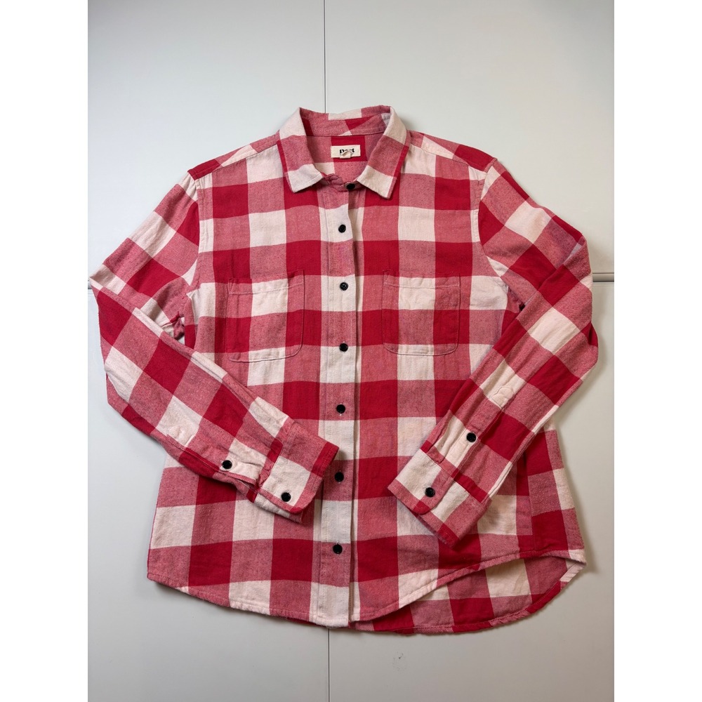 Pact Flannel Button Down Women Medium Red Buffalo Plaid Organic Cotton Shirt